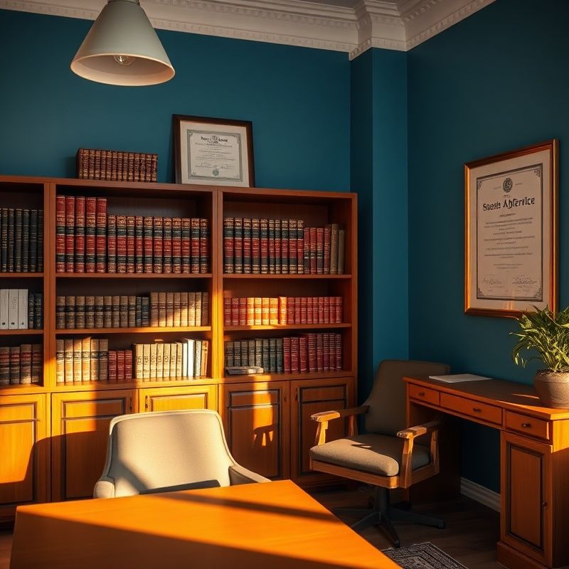Interior discret al biroului Casa Popa din Sibiu, tonuri de albastru și lemn cald