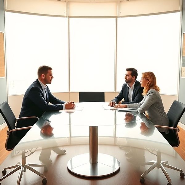 Echipă de consultanți Casa Popa în discuție într-o sală de consiliu luminoasă